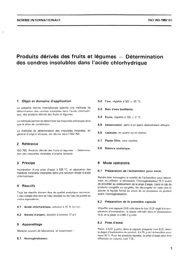 ISO 763:1982 - Produits dérivés des fruits et légumes -- Détermination des cendres insolubles dans l'acide chlorhydrique