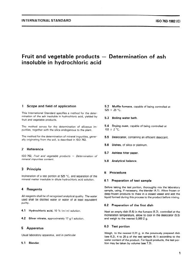 ISO 763:1982 - Fruit and vegetable products -- Determination of ash insoluble in hydrochloric acid
