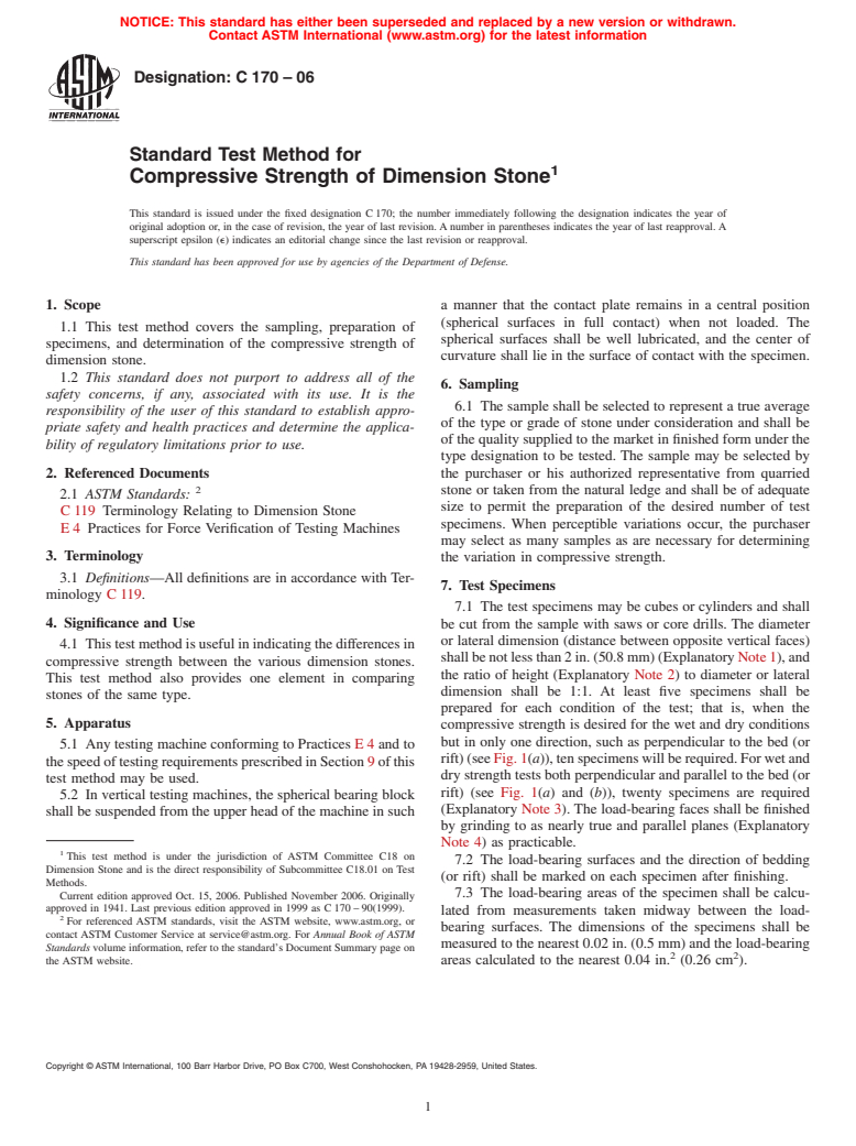 ASTM C170-06 - Standard Test Method for Compressive Strength of Dimension Stone