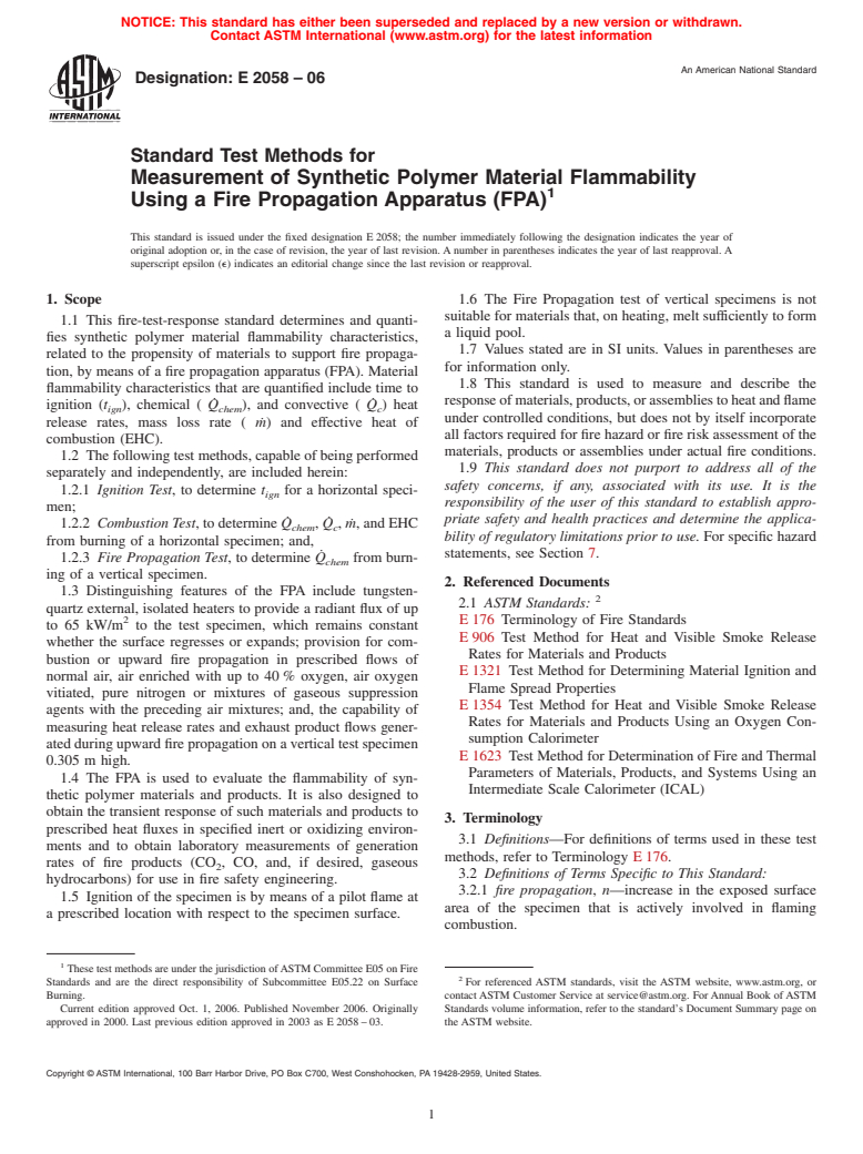 ASTM E2058-06 - Standard Test Methods for Measurement of Synthetic Polymer Material Flammability Using a Fire Propagation Apparatus (FPA)