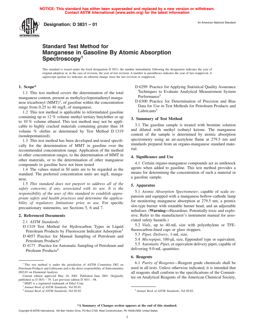 ASTM D3831-01 - Standard Test Method for Manganese In Gasoline By Atomic Absorption Spectroscopy