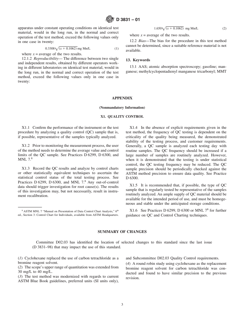 ASTM D3831-01 - Standard Test Method for Manganese In Gasoline By Atomic Absorption Spectroscopy