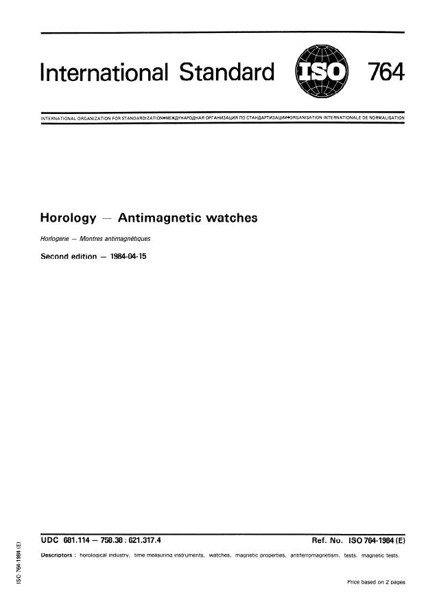 ISO 764:1984 - Horology -- Antimagnetic watches