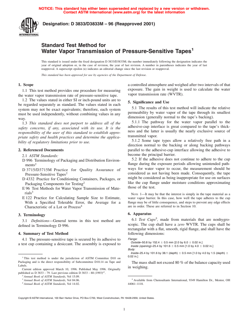 ASTM D3833/D3833M-96(2001) - Standard Test Method for Water Vapor Transmission of Pressure-Sensitive Tapes