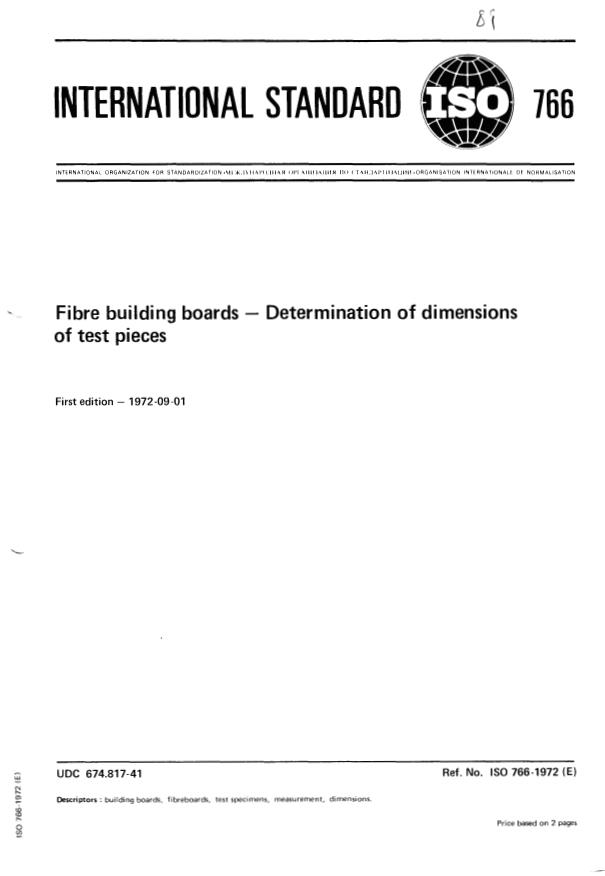 ISO 766:1972 - Fibre building boards -- Determination of dimensions of test pieces
