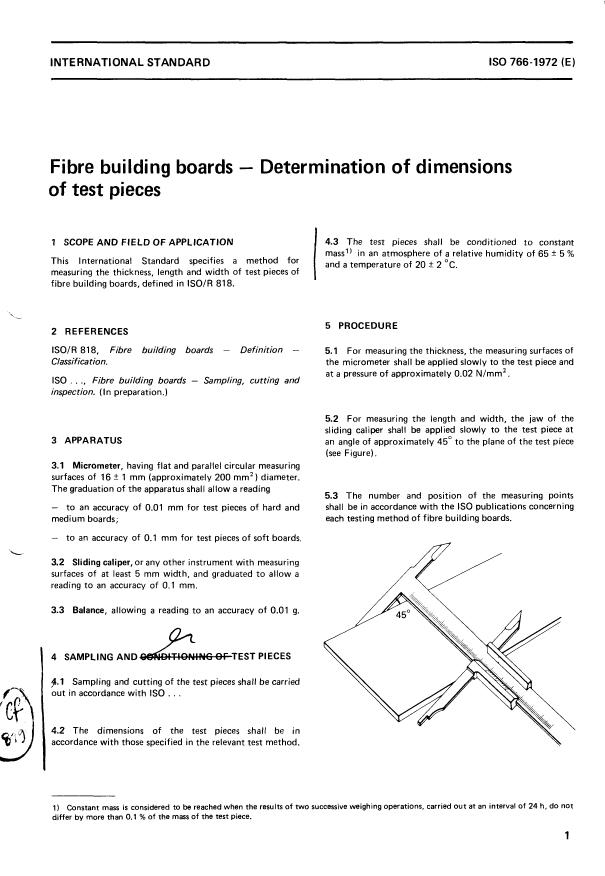 ISO 766:1972 - Fibre building boards -- Determination of dimensions of test pieces