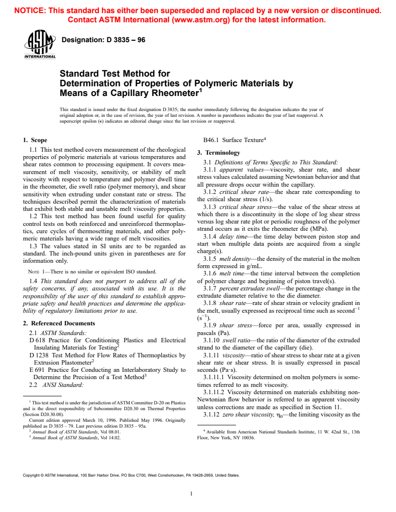 ASTM D3835-96 - Standard Test Method for Determination of Properties of Polymeric Materials by Means of a Capillary Rheometer