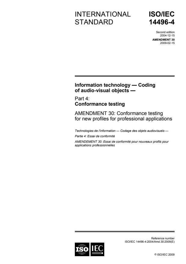 ISO/IEC 14496-4:2004/Amd 30:2009 - Conformance testing for new profiles for professional applications
