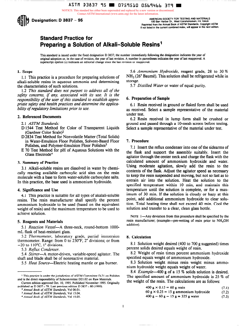 ASTM D3837-95 - Standard Practice for Preparing a Solution of Alkali-Soluble Resins