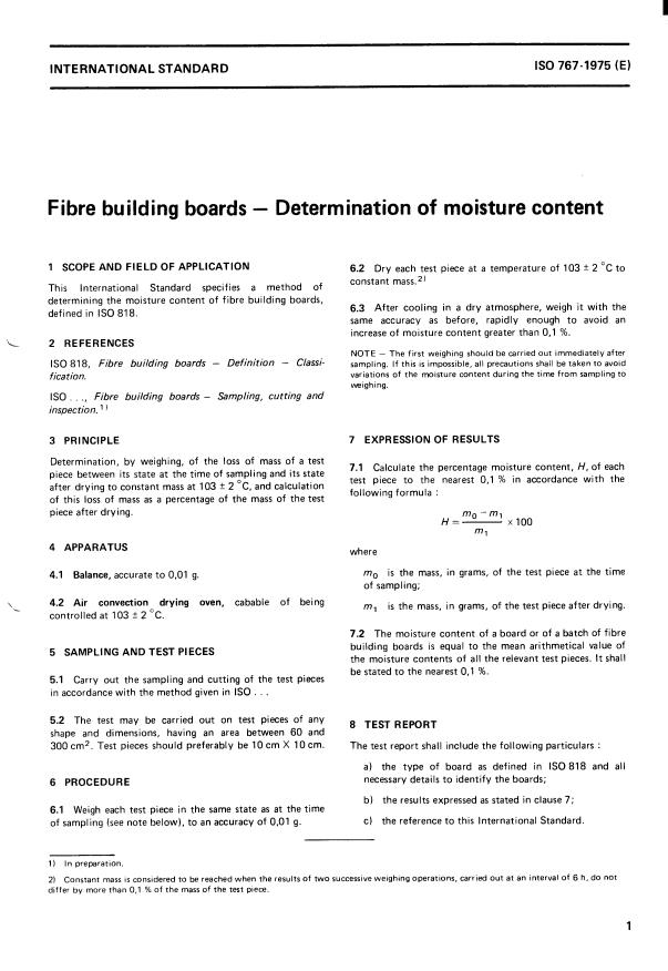 ISO 767:1975 - Fibre building boards -- Determination of moisture content