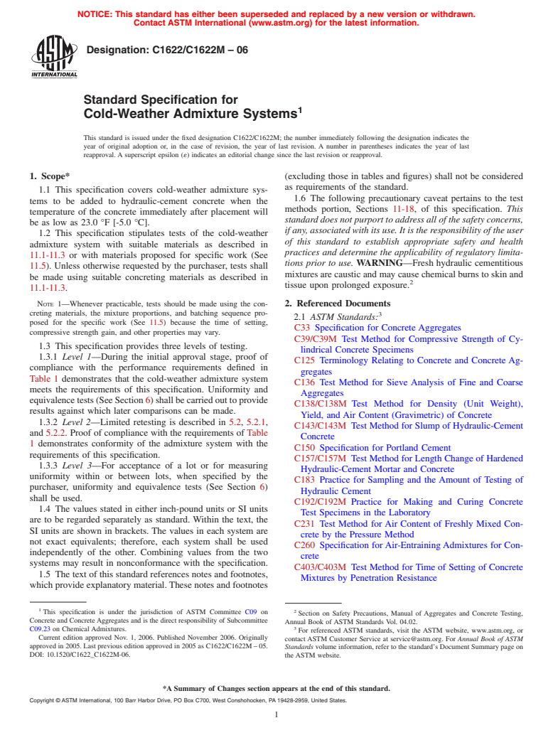 ASTM C1622/C1622M-06 - Standard Specification for Cold-Weather Admixture Systems