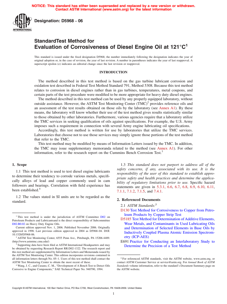 ASTM D5968-06 - Standard Test Method for Evaluation of Corrosiveness of Diesel Engine Oil at 121&#176;C