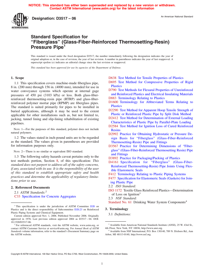 ASTM D3517-06 - Standard Specification for "Fiberglass" (Glass-Fiber-Reinforced Thermosetting-Resin) Pressure Pipe