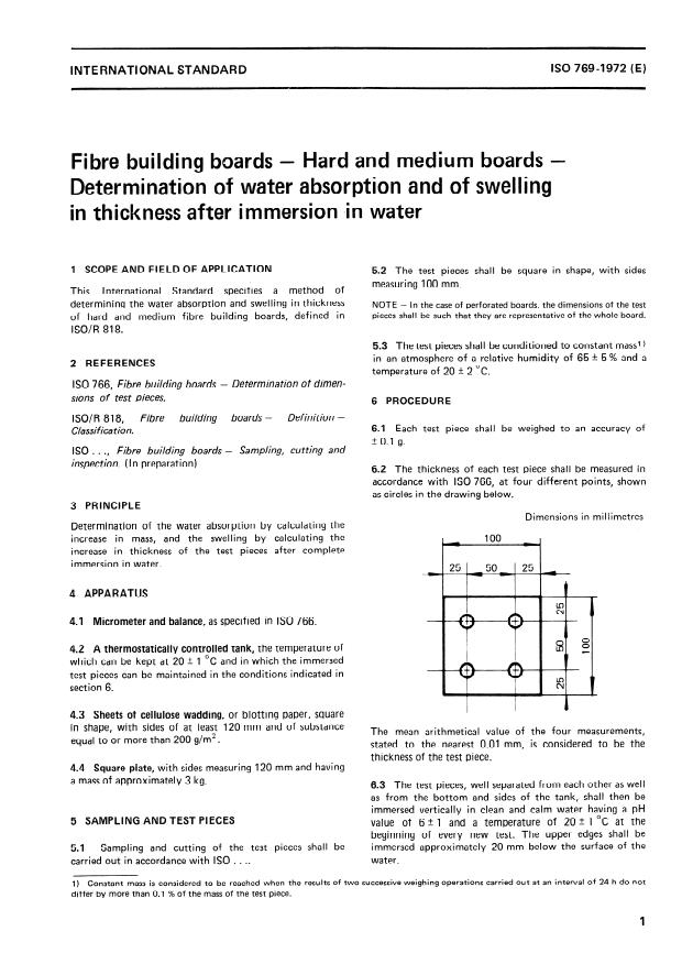 ISO 769:1972 - Fibre building boards -- Hard and medium boards -- Determination of water absorption and of swelling in thickness after immersion in water