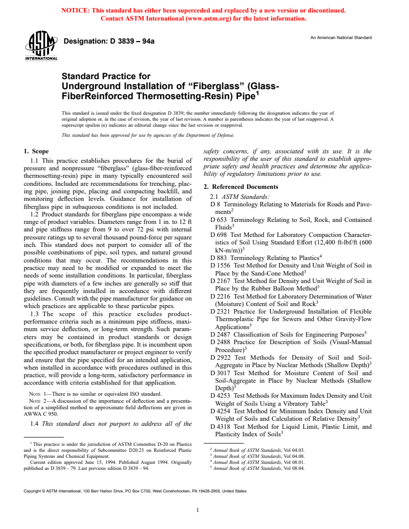 ASTM D3839-94a - Standard Practice for Underground Installation of "Fiberglass" (Glass-Fiber- Reinforced Thermosetting-Resin) Pipe