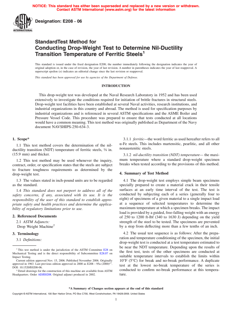 ASTM E208-06 - Standard Test Method for Conducting Drop-Weight Test to Determine Nil-Ductility Transition Temperature of Ferritic Steels