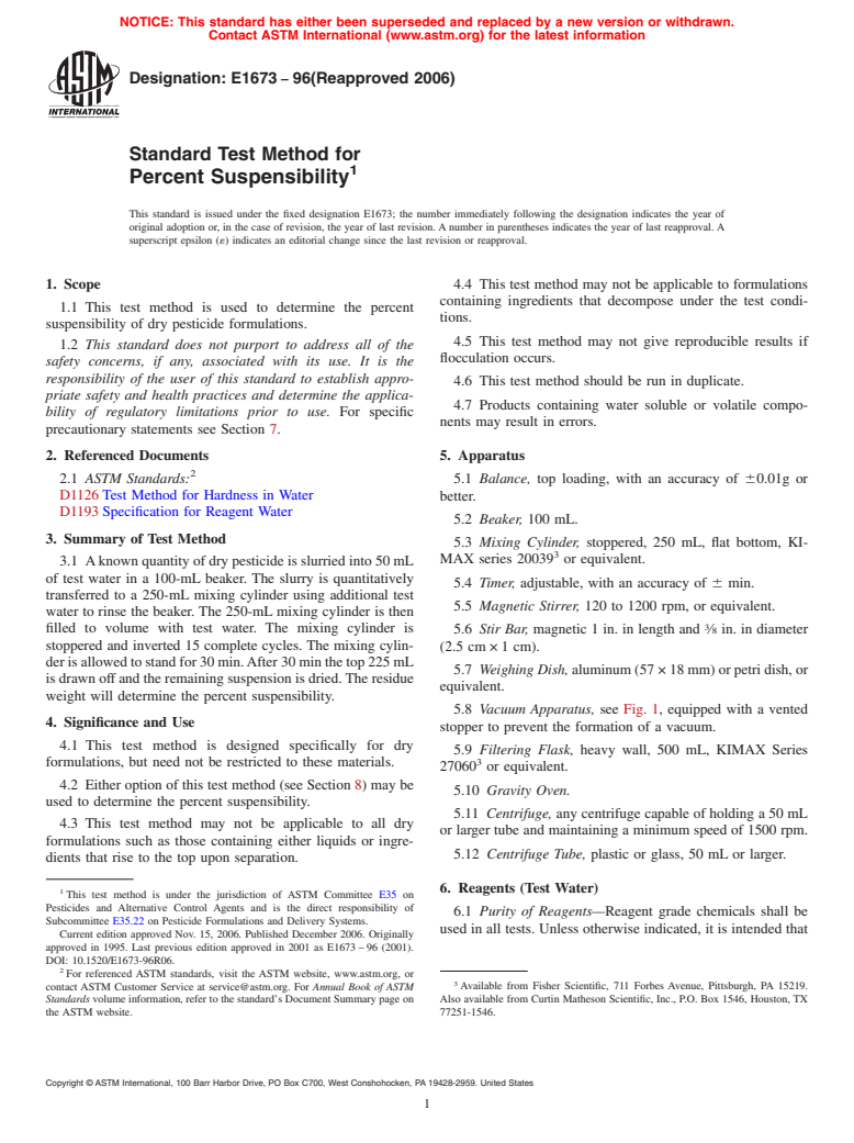 ASTM E1673-96(2006) - Standard Test Method for Percent Suspensibility