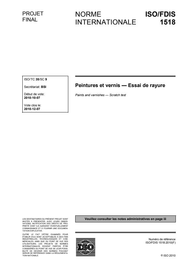 ISO/FDIS 1518 - Peintures et vernis -- Essai de rayure