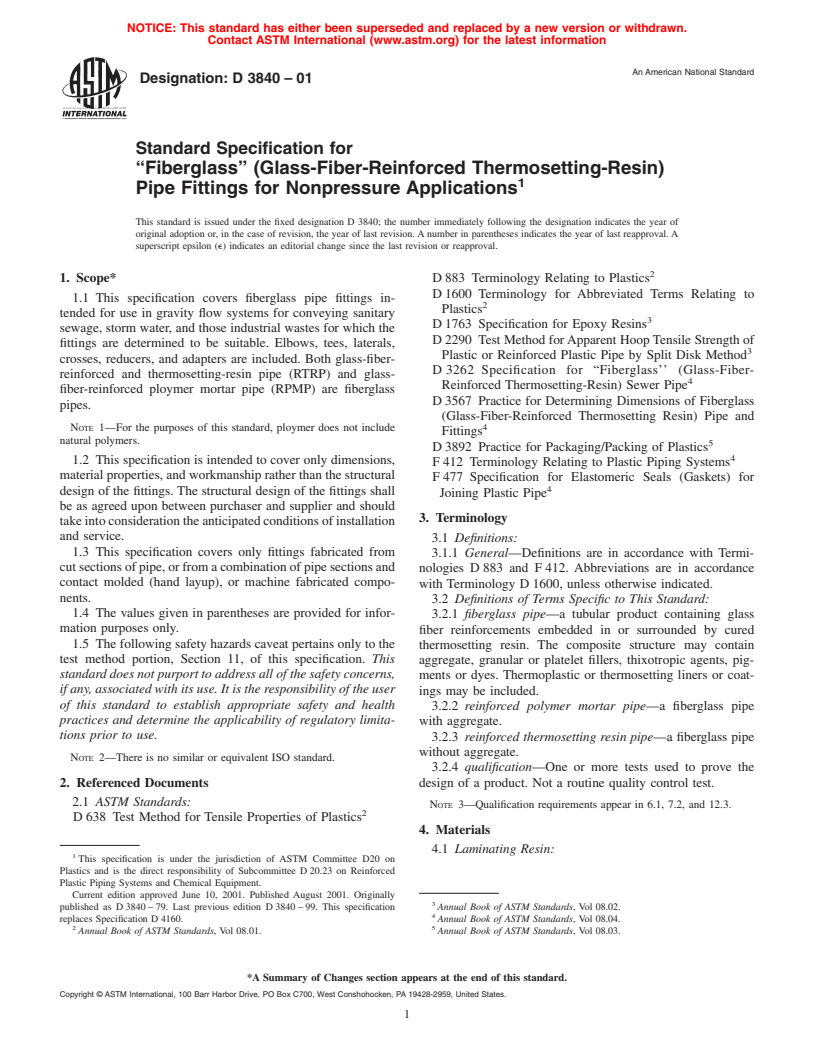 ASTM D3840-01 - Standard Specification for "Fiberglass" (Glass-Fiber-Reinforced Thermosetting-Resin) Pipe Fittings for Nonpressure Applications