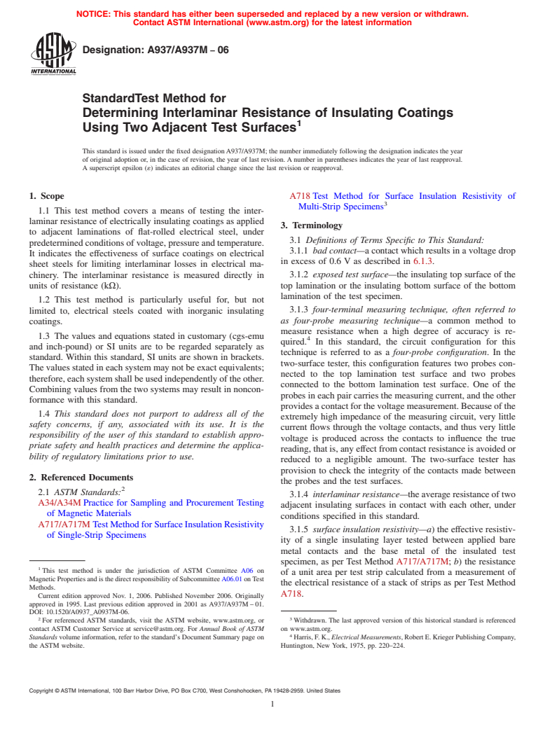 ASTM A937/A937M-06 - Standard Test Method for Determining Interlaminar Resistance of Insulating Coatings Using Two Adjacent Test Surfaces