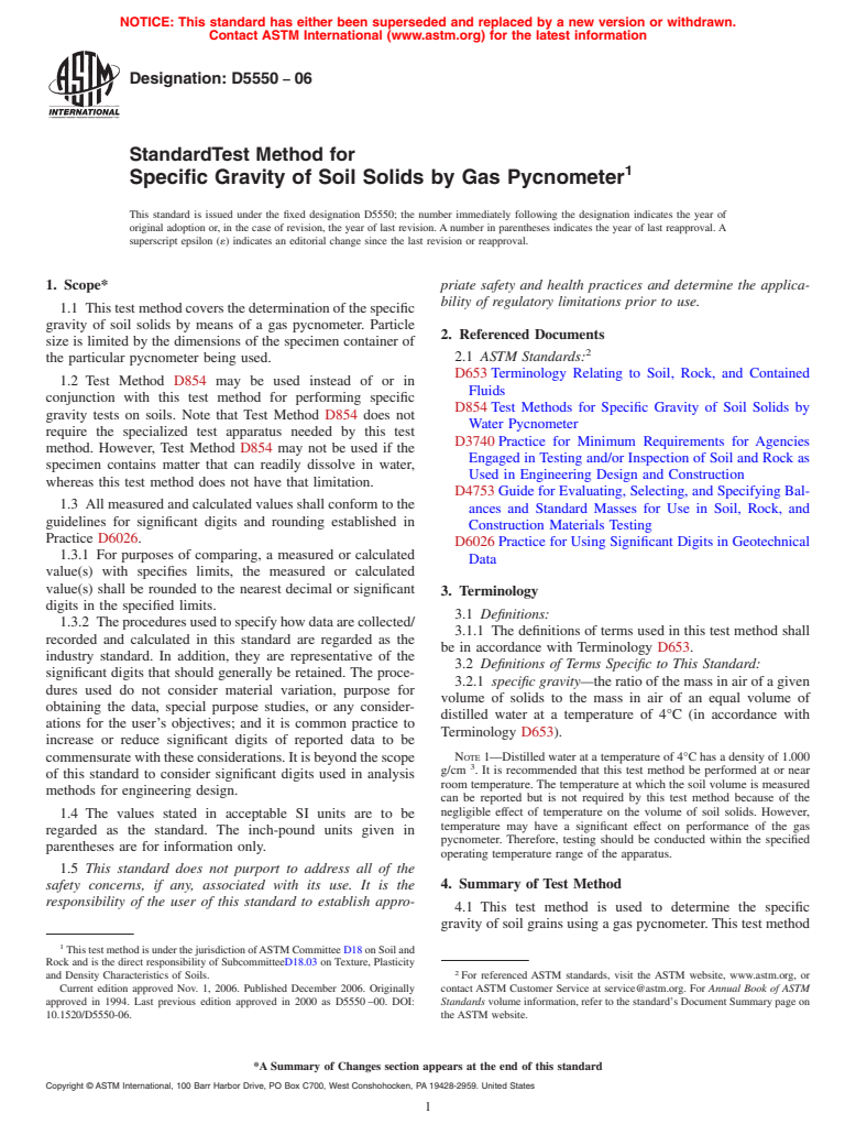 ASTM D5550-06 - Standard Test Method for Specific Gravity of Soil Solids by Gas Pycnometer