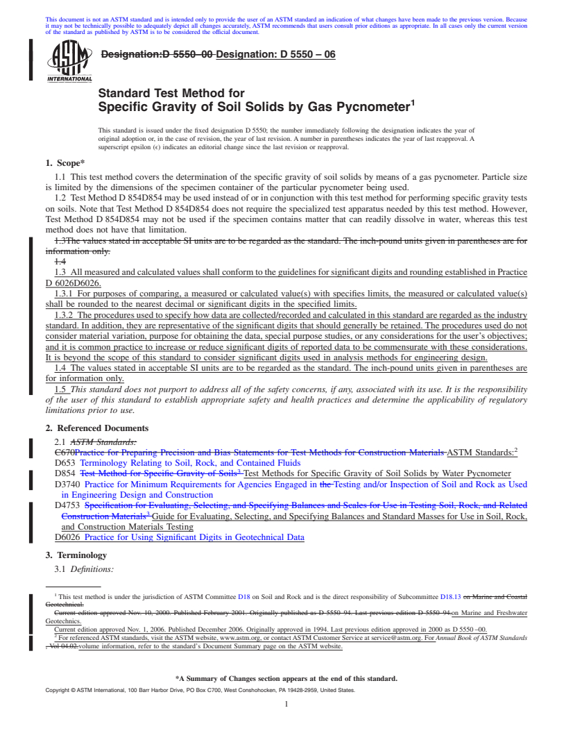 REDLINE ASTM D5550-06 - Standard Test Method for Specific Gravity of Soil Solids by Gas Pycnometer