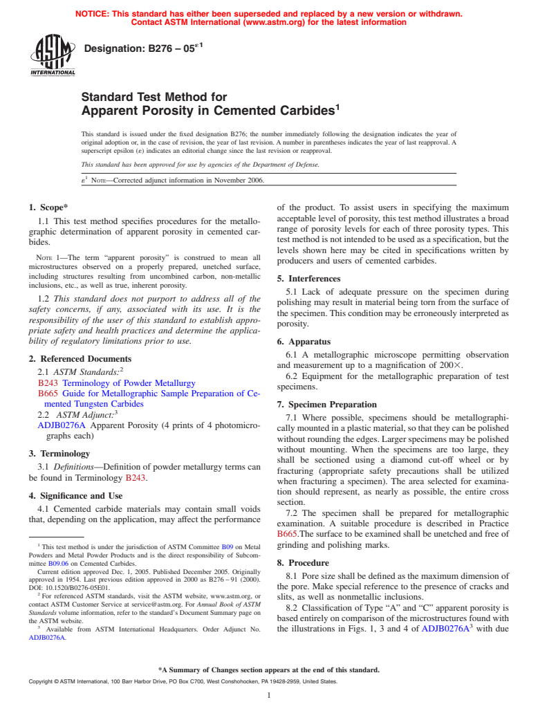 ASTM B276-05e1 - Standard Test Method for Apparent Porosity in Cemented Carbides