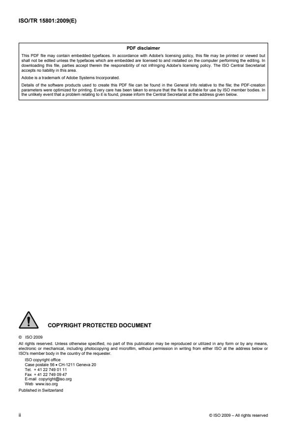 ISO/TR 15801:2009 ISO/TR 15801:2009 - Document management -- Information stored electronically -- Recommendations for trustworthiness and reliability - Page 2 preview