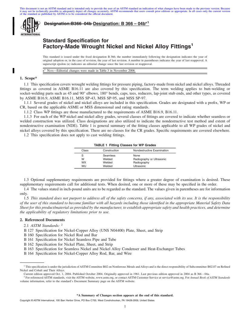 REDLINE ASTM B366-04be1 - Standard Specification for Factory-Made Wrought Nickel and Nickel Alloy Fittings