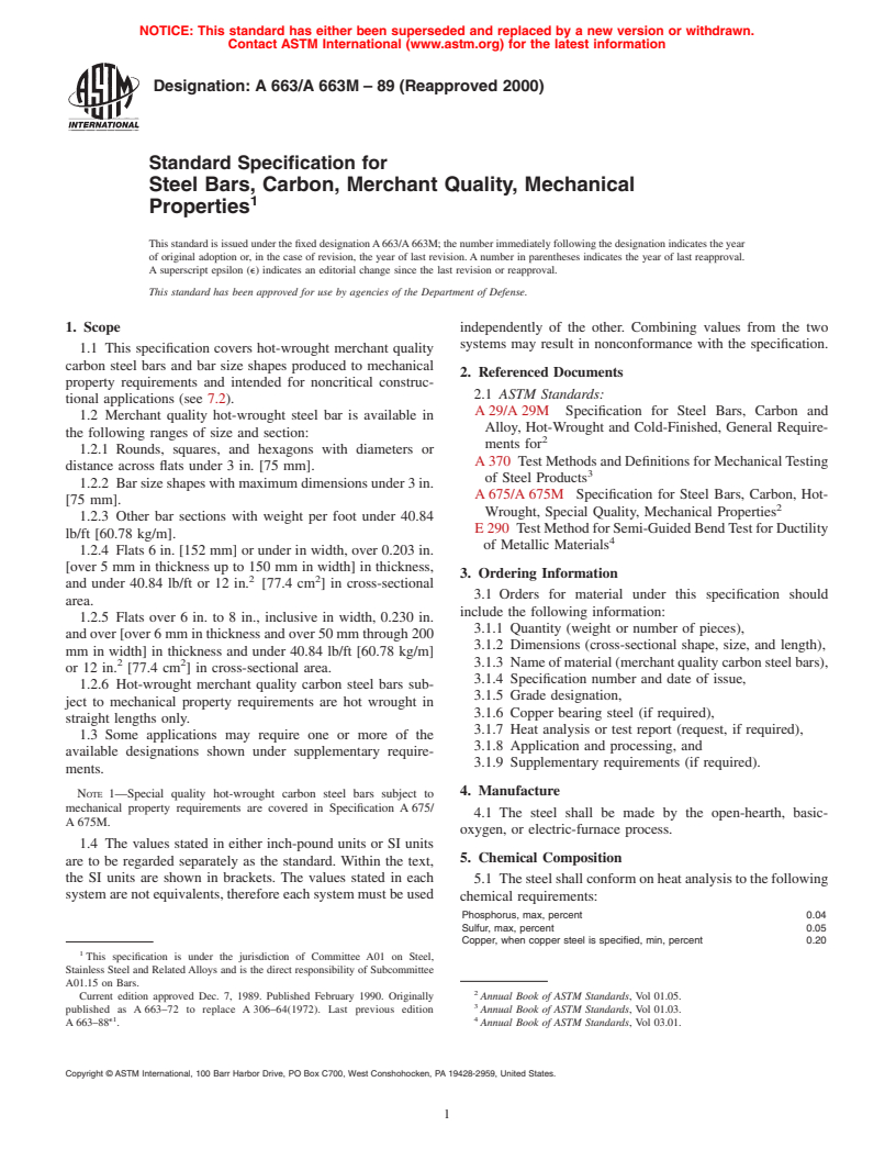 ASTM A663/A663M-89(2000) - Standard Specification for Steel Bars, Carbon, Merchant Quality, Mechanical Properties