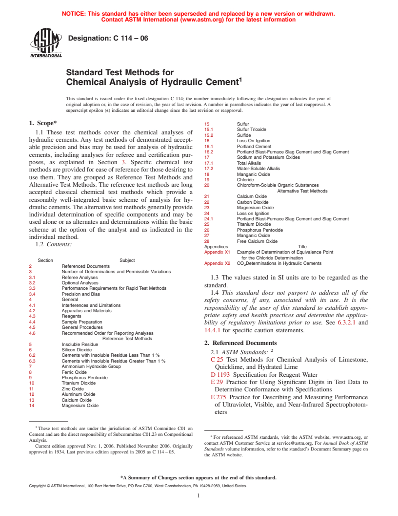 ASTM C114-06 - Standard Test Methods for Chemical Analysis of Hydraulic Cement