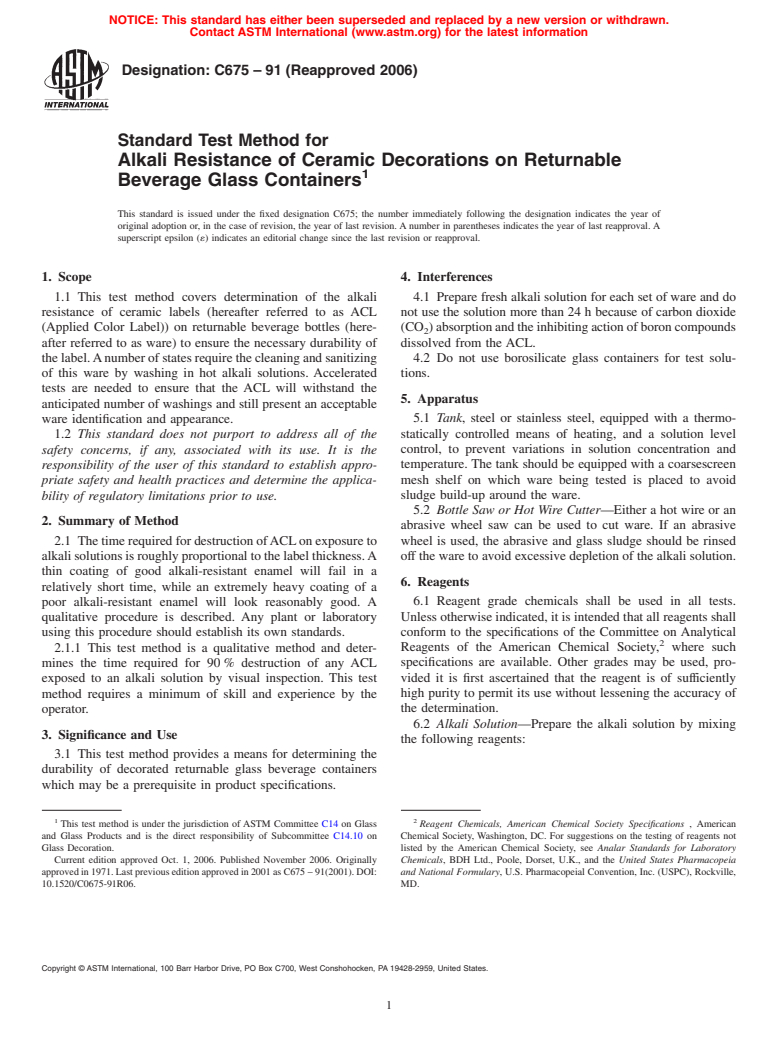 ASTM C675-91(2006) - Standard Test Method for Alkali Resistance of Ceramic Decorations on Returnable Beverage Glass Containers