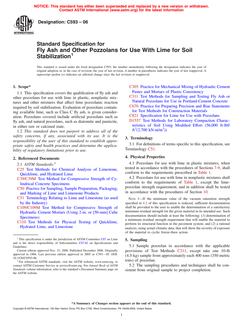 ASTM C593-06 - Standard Specification for Fly Ash and Other Pozzolans for Use With Lime for Soil Stabilization