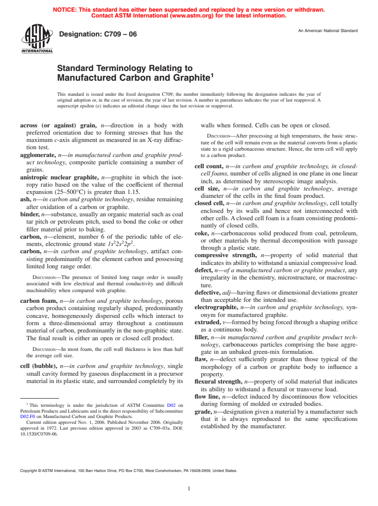 ASTM C709-06 - Standard Terminology Relating to Manufactured Carbon and Graphite