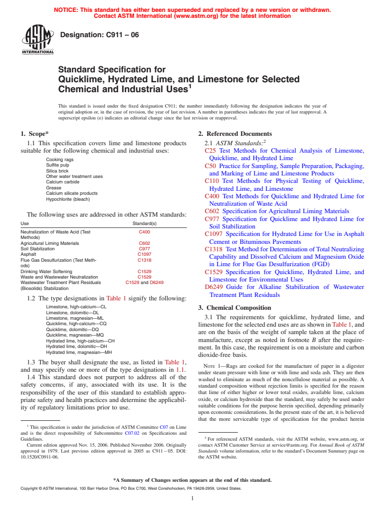 ASTM C911-06 - Standard Specification for Quicklime, Hydrated Lime, and Limestone for Selected Chemical and Industrial Uses