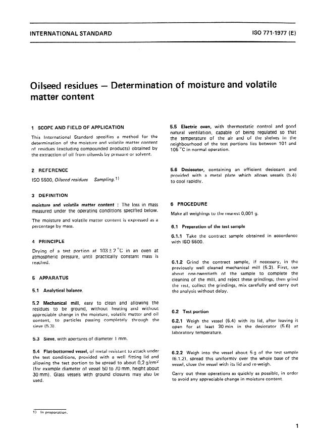 ISO 771:1977 - Oilseed residues -- Determination of moisture and volatile matter content