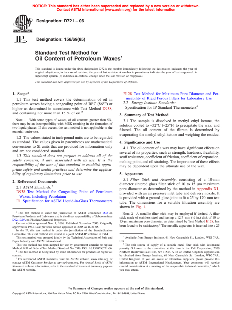 ASTM D721-06 - Standard Test Method for Oil Content of Petroleum Waxes