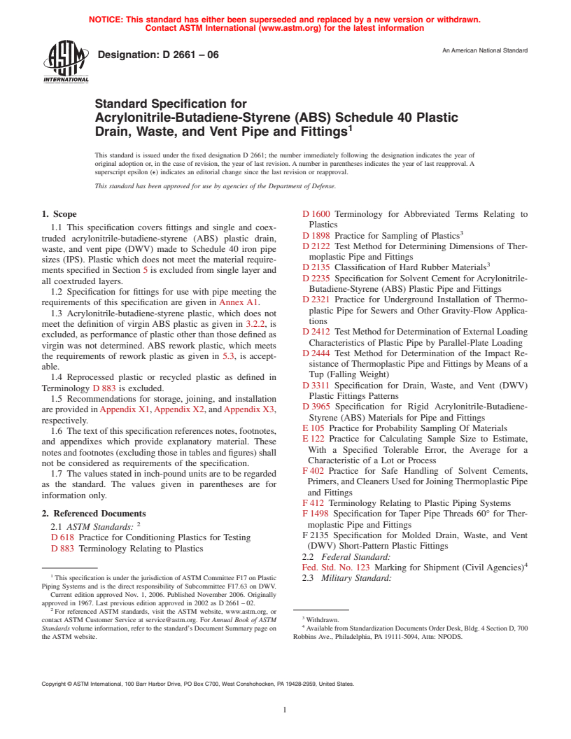 ASTM D2661-06 - Standard Specification for Acrylonitrile-Butadiene-Styrene (ABS) Schedule 40 Plastic Drain, Waste, and Vent Pipe and Fittings