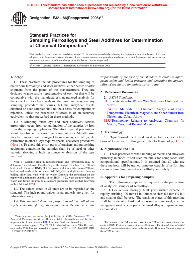 ASTM E32-86(2006)e1 - Standard Practices for Sampling Ferroalloys and Steel Additives for Determination of Chemical Composition (Withdrawn 2015)