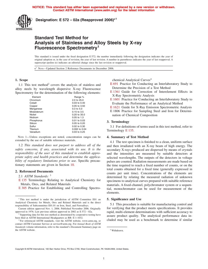 ASTM E572-02a(2006)e1 - Standard Test Method for Analysis of Stainless and Alloy Steels by X-ray Fluorescence Spectrometry