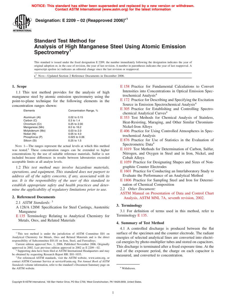 ASTM E2209-02(2006)e1 - Standard Test Method for Analysis of High Manganese Steel Using Atomic Emission Spectrometry