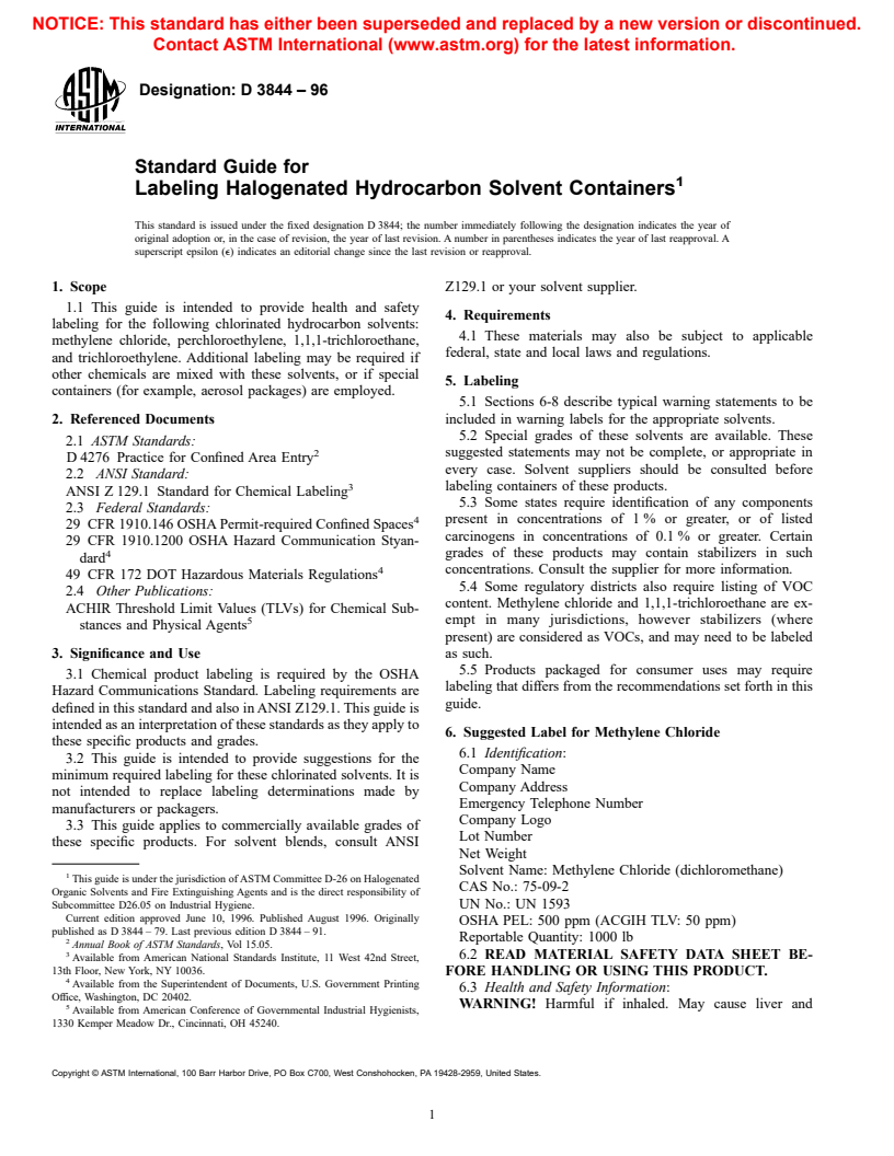 ASTM D3844-96 - Standard Guide for Labeling Halogenated Hydrocarbon Solvent Containers