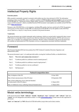 SIST EN 319 412-1 V1.4.1:2020 ETSI EN 319 412-1 V1.4.1 (2020-06) - Electronic Signatures and Infrastructures (ESI); Certificate Profiles; Part 1: Overview and common data structures - Page 4 preview