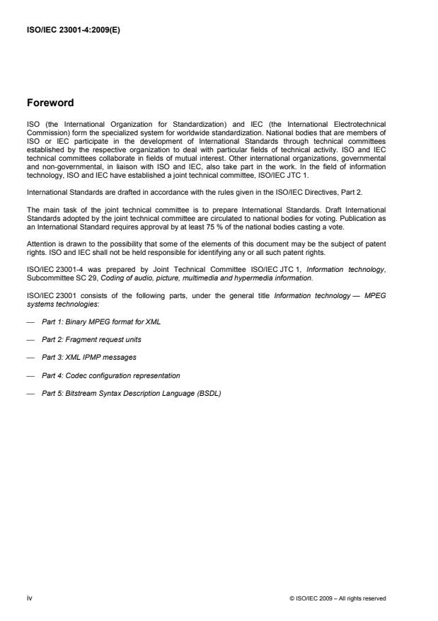 ISO/IEC 23001-4:2009 ISO/IEC 23001-4:2009 - Information technology -- MPEG systems technologies - Page 4 preview