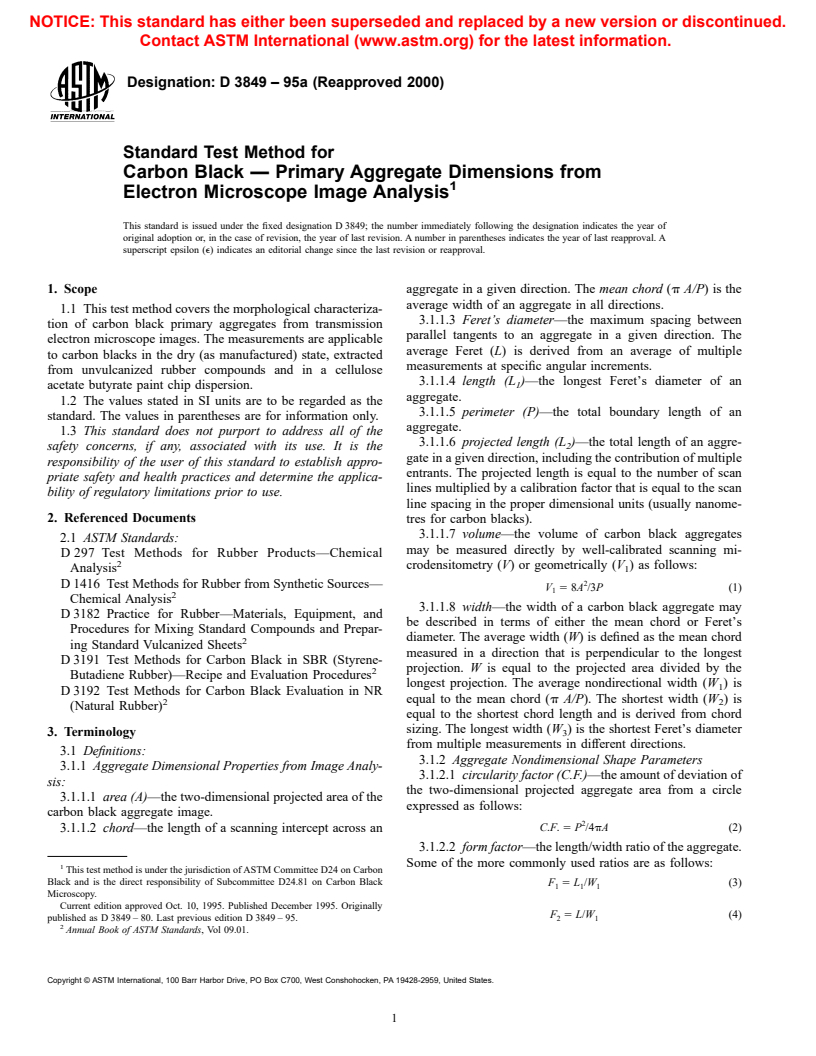 ASTM D3849-95a(2000) - Standard Test Method for Carbon Black - Primary Aggregate Dimensions from Electron Microscope Image Analysis