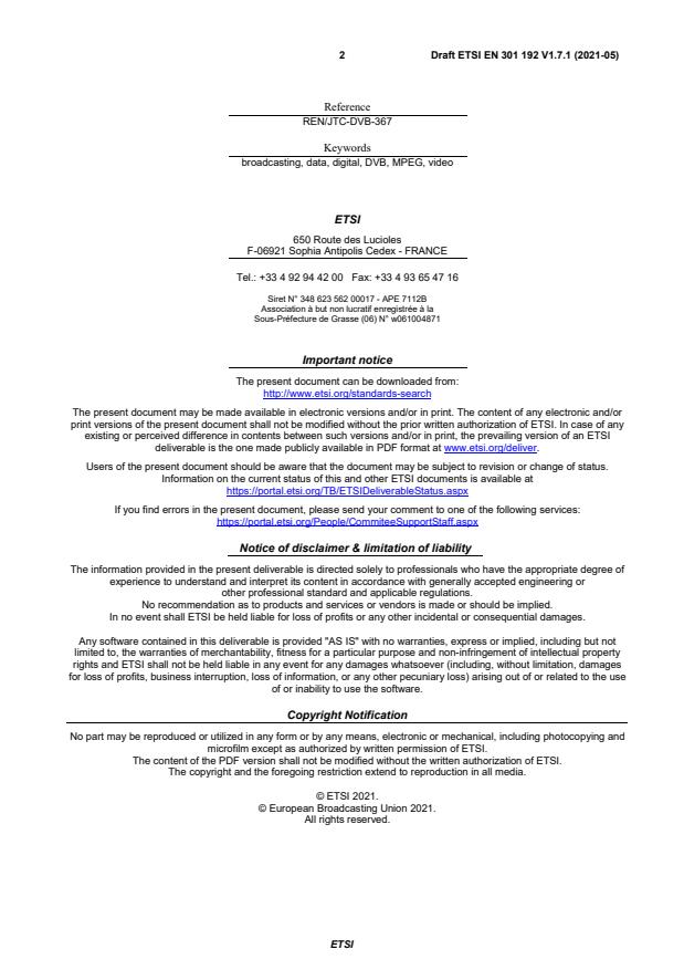 SIST EN 301 192 V1.7.1:2021 ETSI EN 301 192 V1.7.1 (2021-05) - Digital Video Broadcasting (DVB); DVB specification for data broadcasting - Page 2 preview