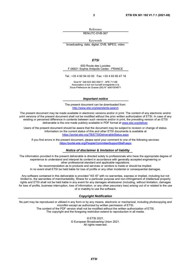 SIST EN 301 192 V1.7.1:2021 ETSI EN 301 192 V1.7.1 (2021-08) - Digital Video Broadcasting (DVB); DVB specification for data broadcasting - Page 2 preview