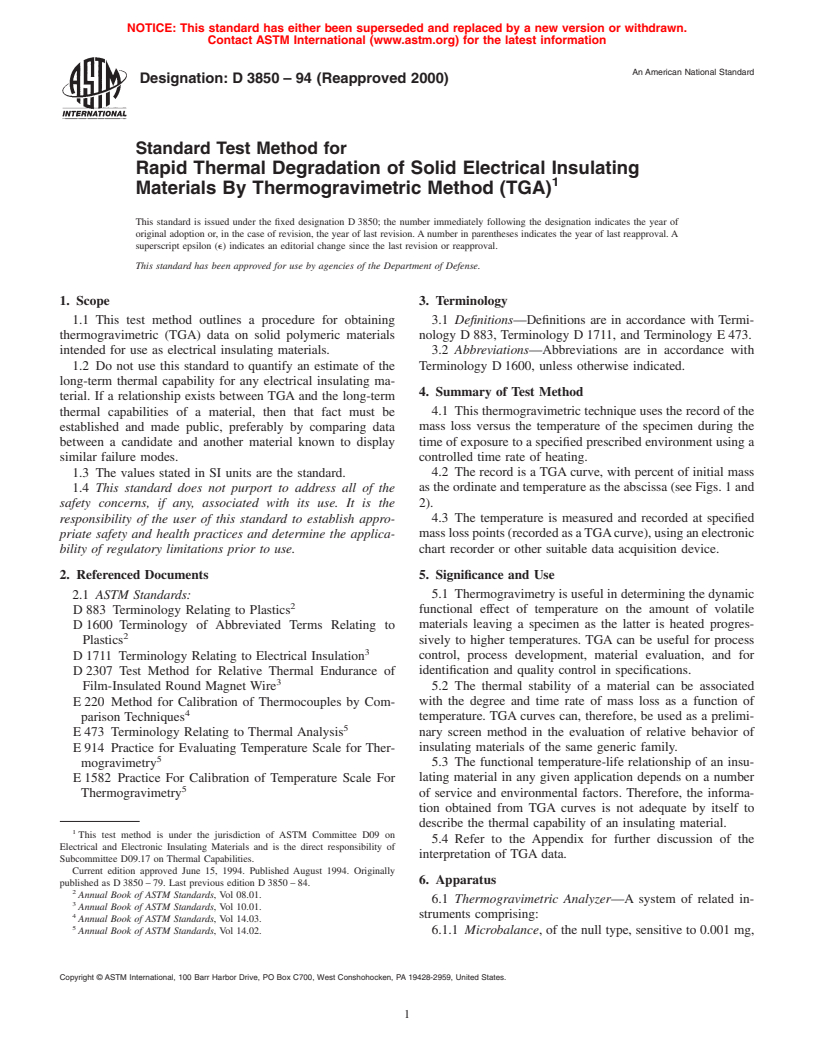 ASTM D3850-94(2000) - Standard Test Method for Rapid Thermal Degradation of Solid Electrical Insulating Materials By Thermogravimetric Method (TGA)