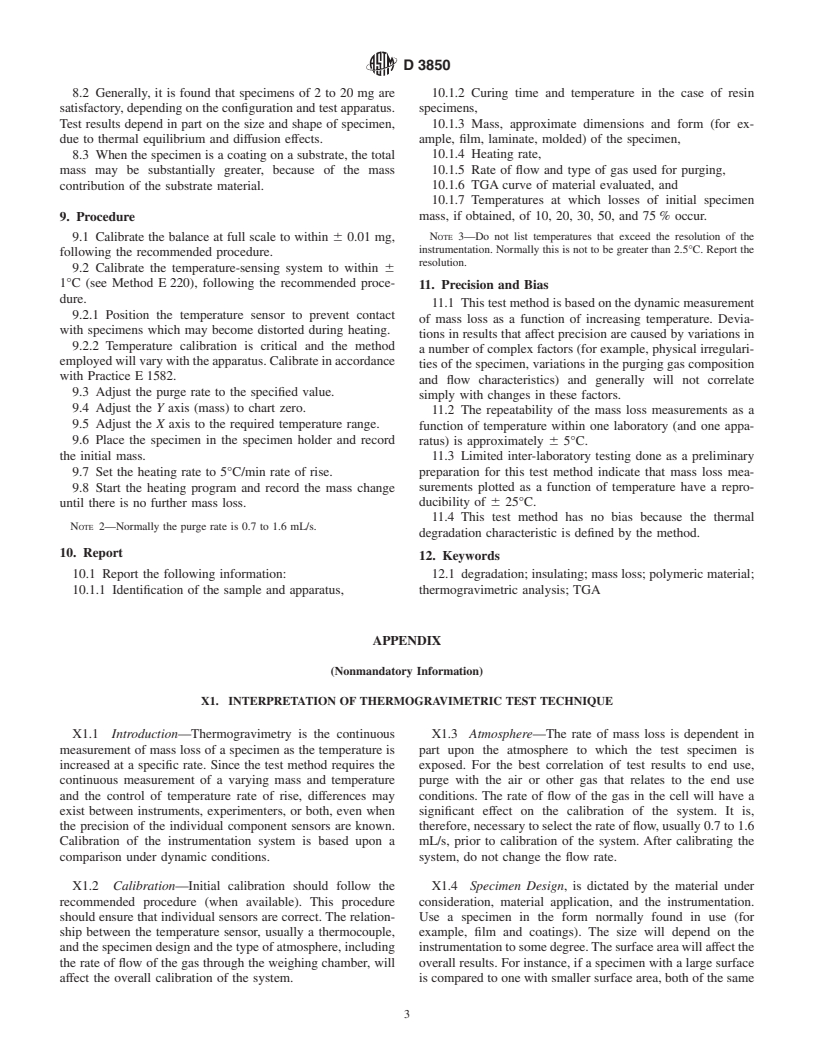 ASTM D3850-94(2000) - Standard Test Method for Rapid Thermal Degradation of Solid Electrical Insulating Materials By Thermogravimetric Method (TGA)