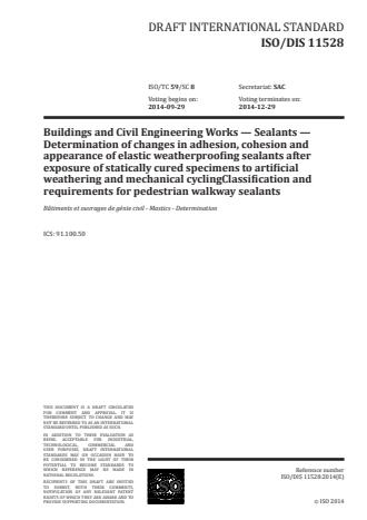 ISO 11528:2016 - Buildings and civil engineering works -- Sealants -- Determination of crazing and cracking following exposure to artificial or natural weathering